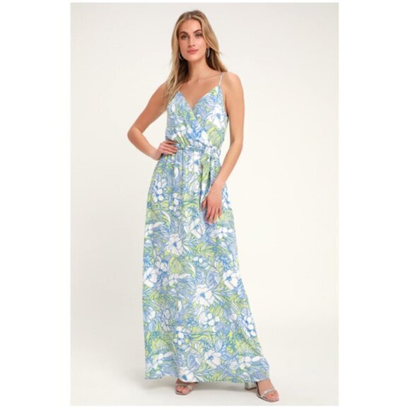 Lulu's Sunrise in Paradise Blue Multi Tropical Print Maxi Dress Size M NWT - Picture 1 of 15